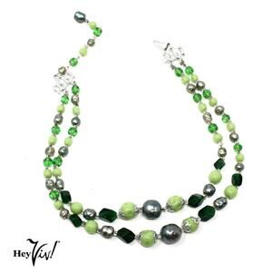 Vintage Green Pearl & Glass Bead Double Strand Necklace Japan 15" - Hey Viv